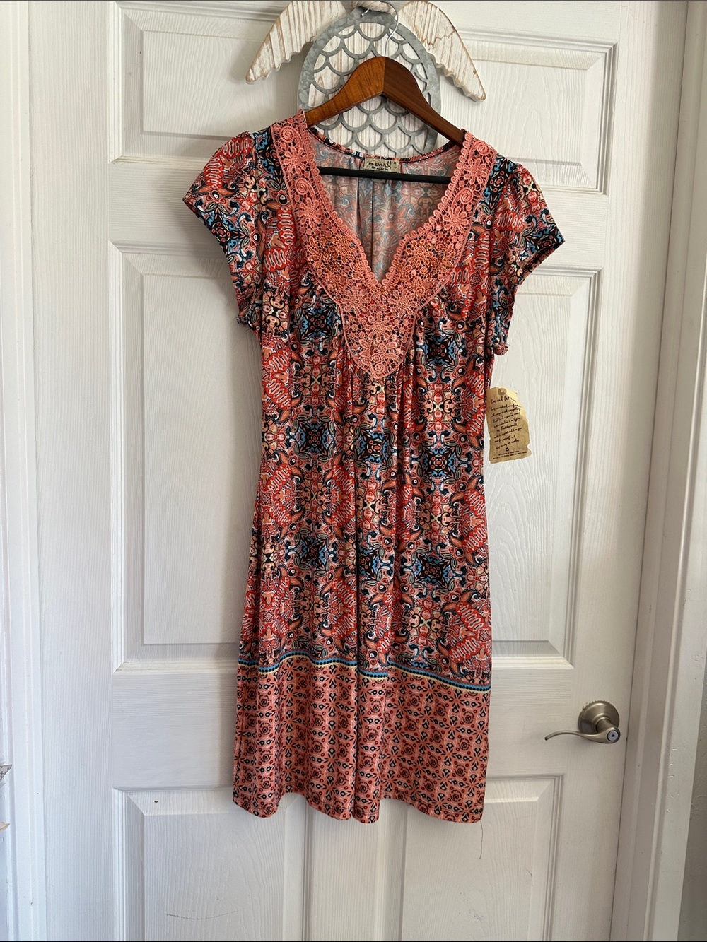 ONE WORLD Coral and Navy Crochet-Trim Mini Dress